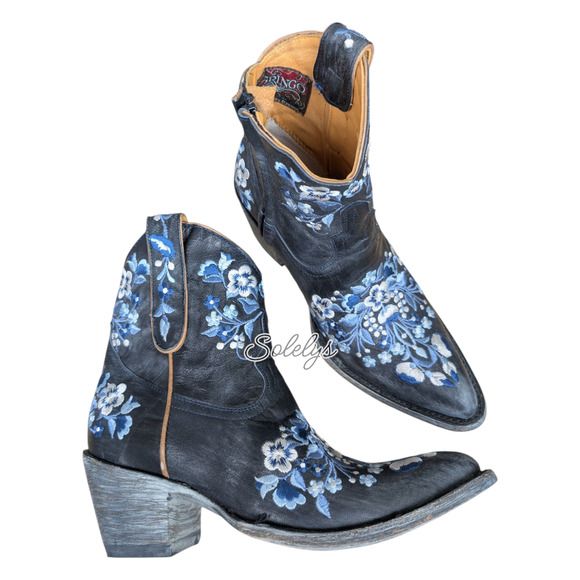 Old Gringo Sora Country Blue Floral Embroidered Leather Cowgirl Ankle Boot 7.5B - Picture 1 of 11